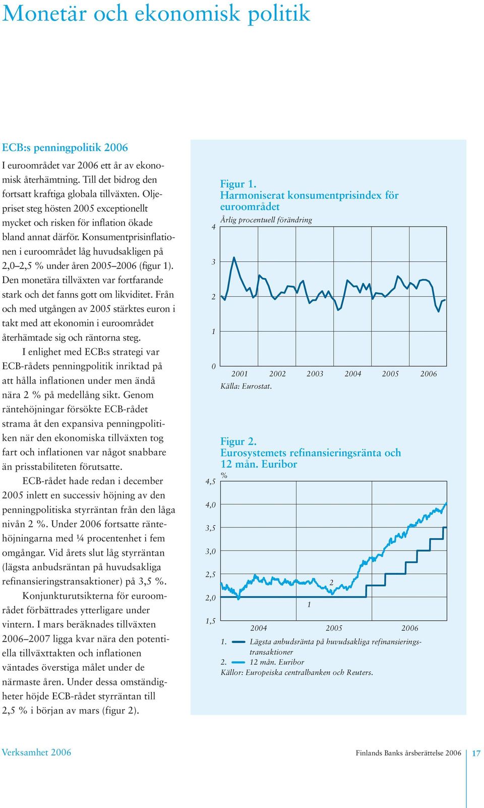 Konsumentprisinflationen i euroområdet låg huvudsakligen på 2,0 2,5 % under åren 2005 2006 (figur 1). Den monetära tillväxten var fortfarande stark och det fanns gott om likviditet.