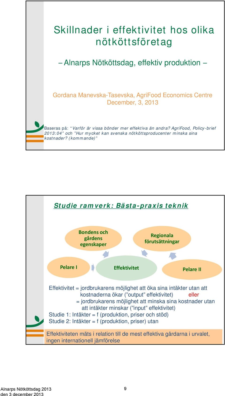 (kommande) Studie ramverk: Bästa-praxis teknik Bondens och gårdens egenskaper Regionala förutsättningar Pelare I Effektivitet Pelare II Effektivitet = jordbrukarens möjlighet att öka sina intäkter