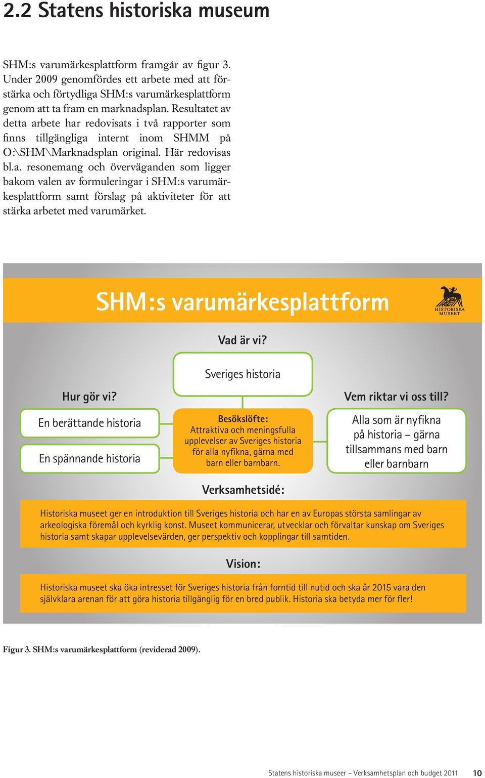 Resultatet av detta arbete har redovisats i två rapporter som finns tillgängliga internt inom SHMM på O:\SHM\Marknadsplan original. Här redovisas bl.a. resonemang och överväganden som ligger bakom valen av formuleringar i SHM:s varumärkesplattform samt förslag på aktiviteter för att stärka arbetet med varumärket.