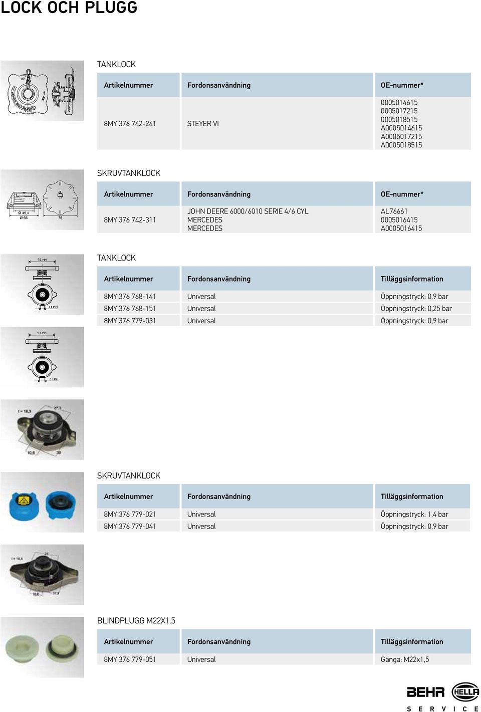 768-141 Universal Öppningstryck: 0,9 bar 8MY 376 768-151 Universal Öppningstryck: 0,25 bar 8MY 376 779-031 Universal Öppningstryck: 0,9 bar SKRUVTANKLOCK Artikelnummer Fordonsanvändning