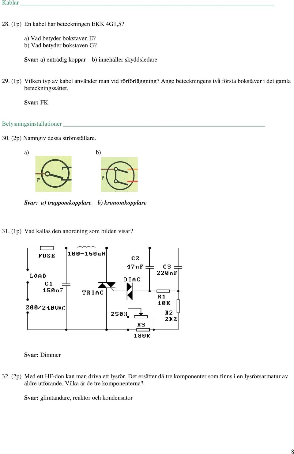 (2p) Namgiv dea trömtällare. a) b) Svar: a) trappomkopplare b) kroomkopplare 31. (1p) Vad kalla de aordig om bilde viar? Svar: Dimmer 32.
