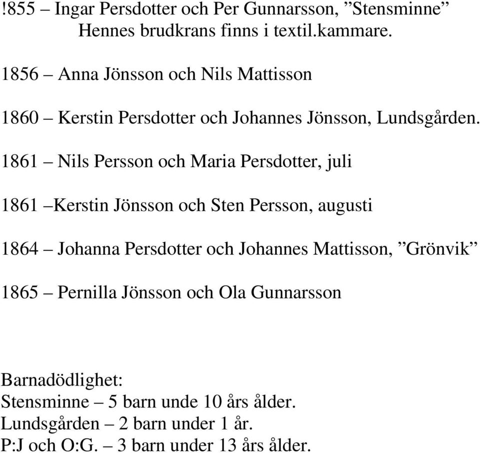 1861 Nils Persson och Maria Persdotter, juli 1861 Kerstin Jönsson och Sten Persson, augusti 1864 Johanna Persdotter och