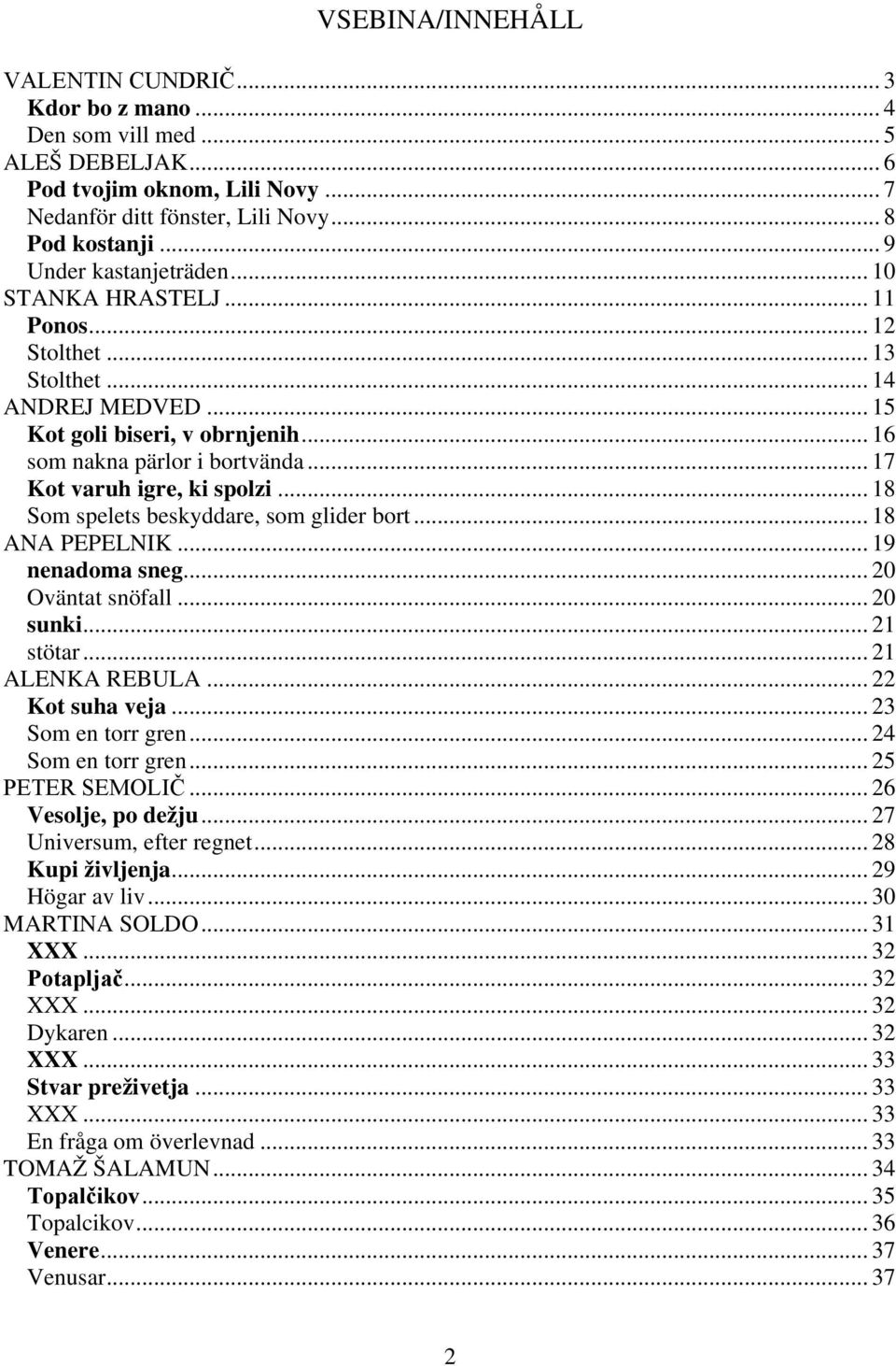 .. 17 Kot varuh igre, ki spolzi... 18 Som spelets beskyddare, som glider bort... 18 ANA PEPELNIK... 19 nenadoma sneg... 20 Oväntat snöfall... 20 sunki... 21 stötar... 21 ALENKA REBULA.