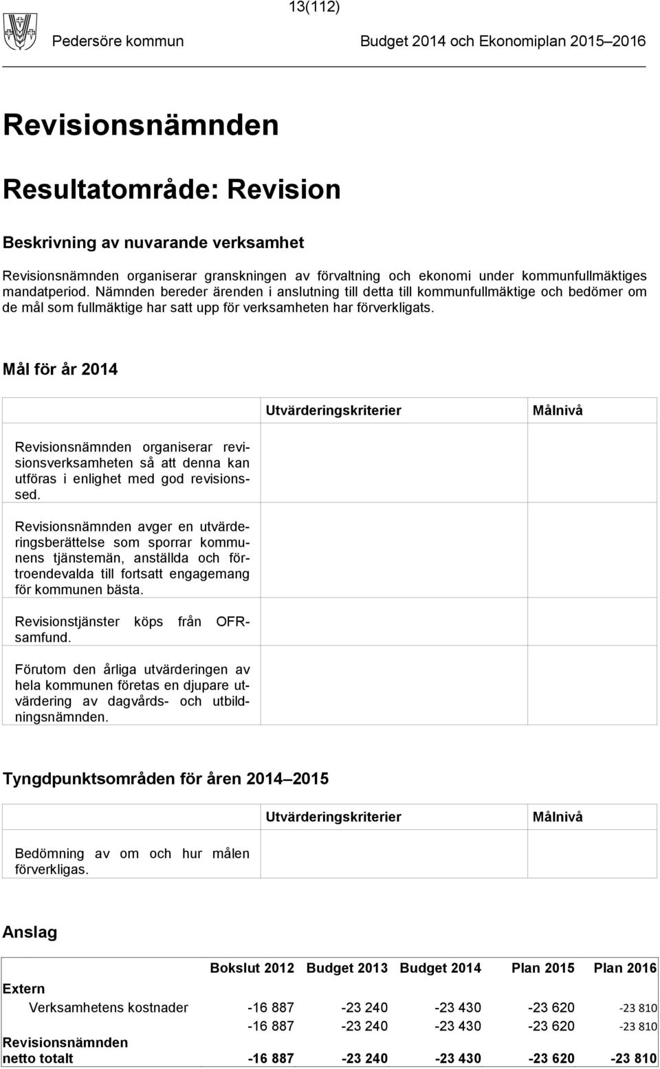 Mål för år 2014 Revisionsnämnden organiserar revisionsverksamheten så att denna kan utföras i enlighet med god revisionssed.