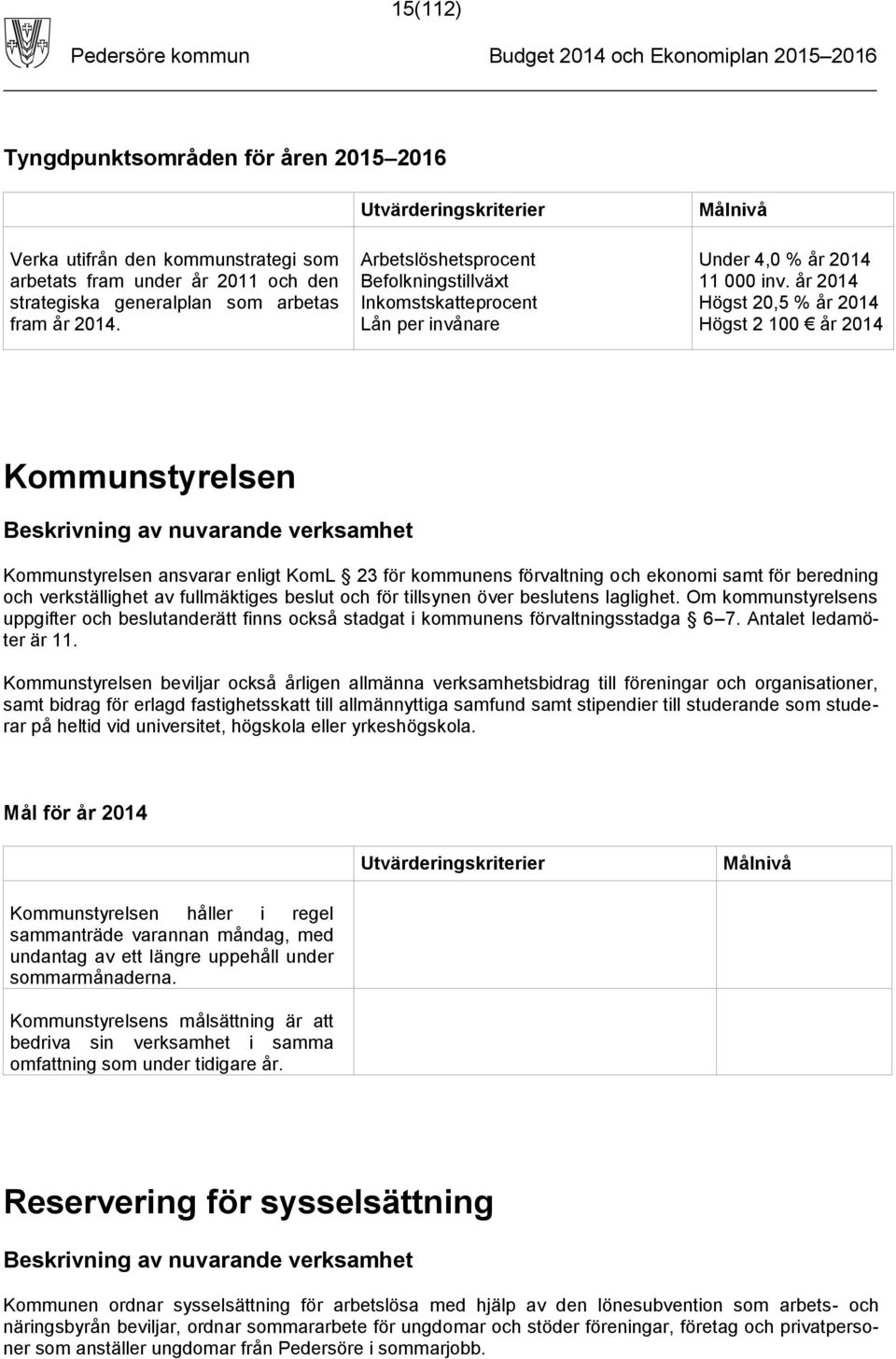 år 2014 Högst 20,5 % år 2014 Högst 2 100 år 2014 Kommunstyrelsen Beskrivning av nuvarande verksamhet Kommunstyrelsen ansvarar enligt KomL 23 för kommunens förvaltning och ekonomi samt för beredning