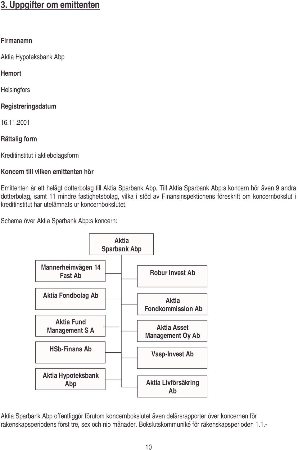 Till Aktia Sparbank Abp:s koncern hör även 9 andra dotterbolag, samt 11 mindre fastighetsbolag, vilka i stöd av Finansinspektionens föreskrift om koncernbokslut i kreditinstitut har utelämnats ur