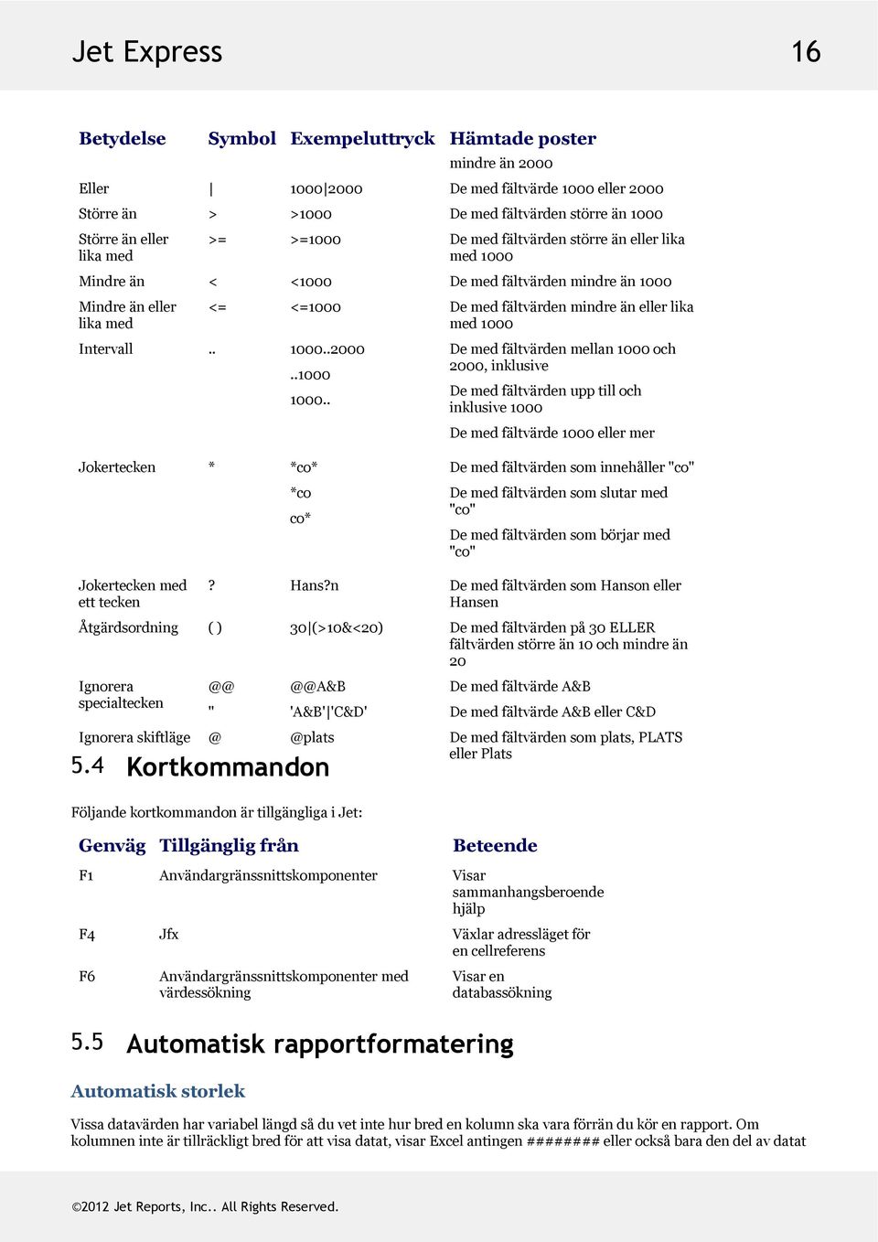 . Demedfältvärdenmellan1000och 2000,inklusive Demedfältvärdenupptilloch inklusive1000 Demedfältvärde1000ellermer Jokertecken * *co* *co co* Demedfältvärdensominnehåller"co"