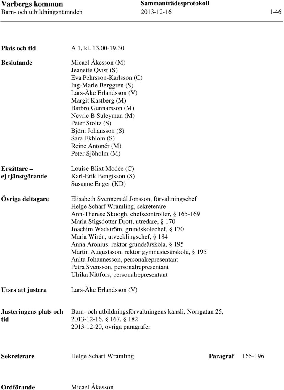 (M) Barbro Gunnarsson (M) Nevrie B Suleyman (M) Peter Stoltz (S) Björn Johansson (S) Sara Ekblom (S) Reine Antonér (M) Peter Sjöholm (M) Louise Blixt Modée (C) Karl-Erik Bengtsson (S) Susanne Enger