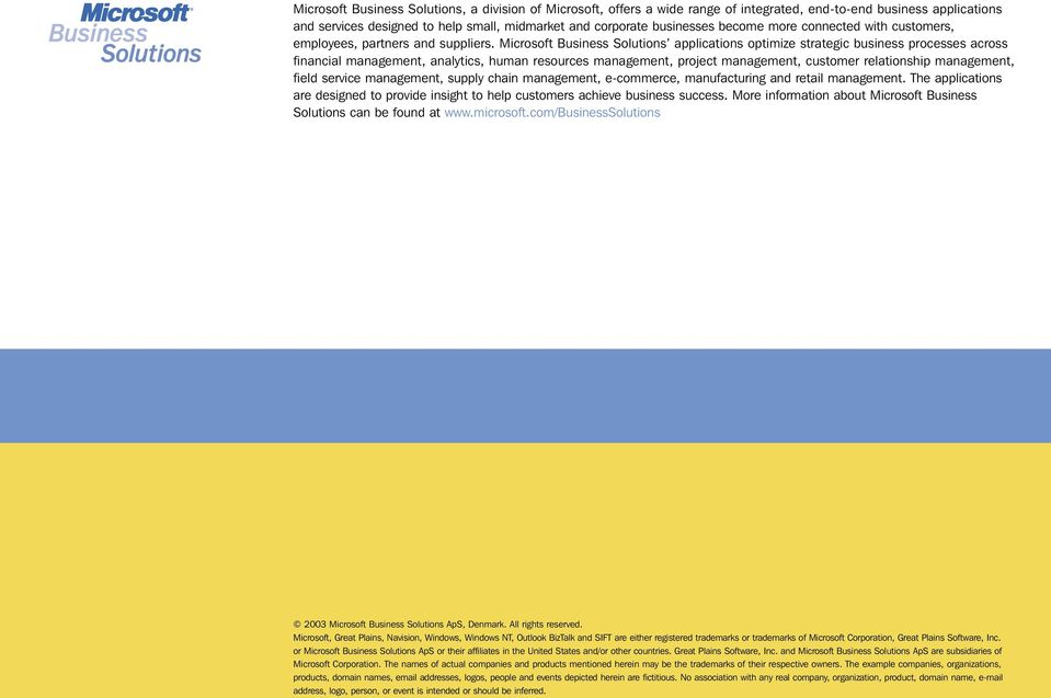 Microsoft Business Solutions applications optimize strategic business processes across financial management, analytics, human resources management, project management, customer relationship