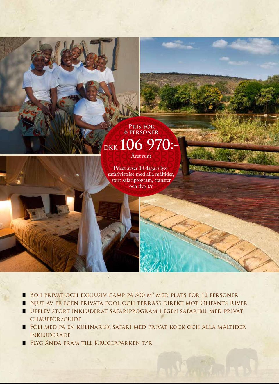 privata pool och terrass direkt mot Olifants River Upplev stort inkluderat safariprogram i egen safaribil med privat