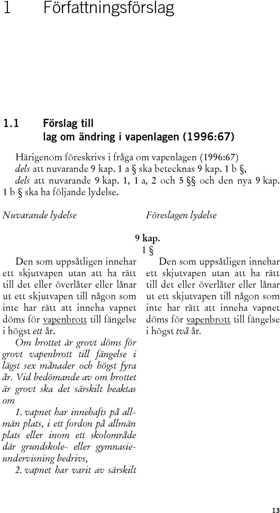 Nuvarande lydelse Föreslagen lydelse Den som uppsåtligen innehar ett skjutvapen utan att ha rätt till det eller överlåter eller lånar ut ett skjutvapen till någon som inte har rätt att inneha vapnet