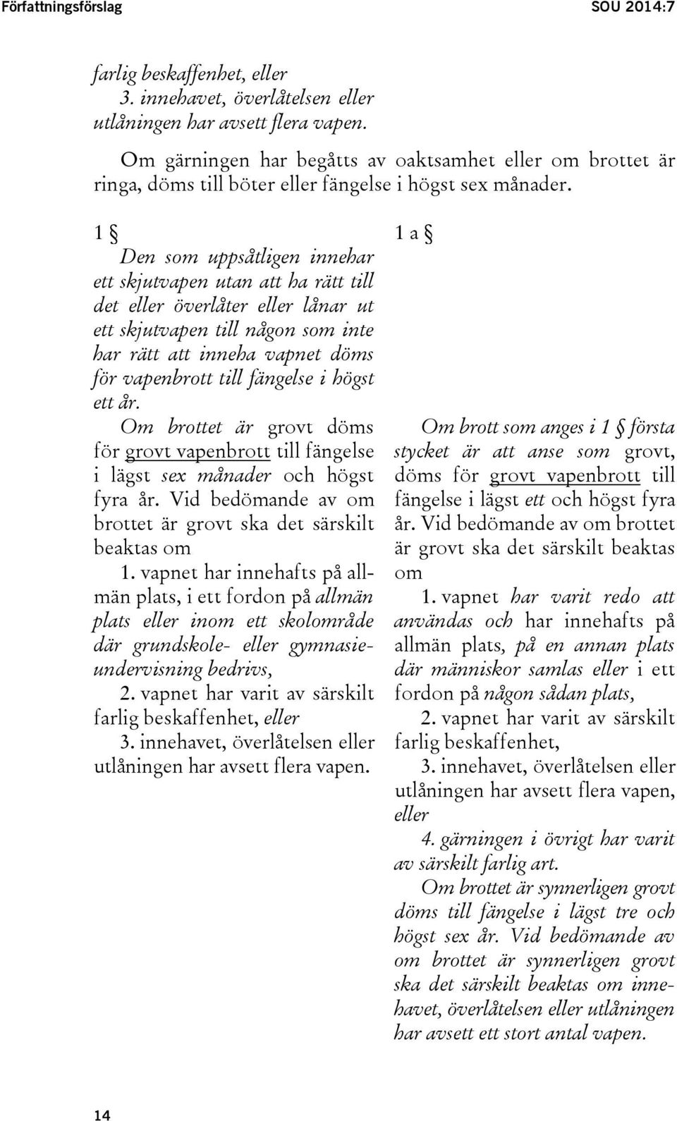 1 1 a Den som uppsåtligen innehar ett skjutvapen utan att ha rätt till det eller överlåter eller lånar ut ett skjutvapen till någon som inte har rätt att inneha vapnet döms för vapenbrott till