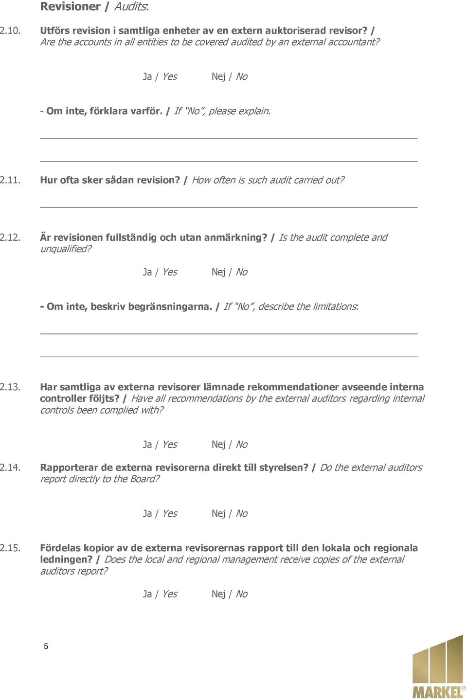 / Is the audit complete and unqualified? - Om inte, beskriv begränsningarna. / If No, describe the limitations: 2.13.