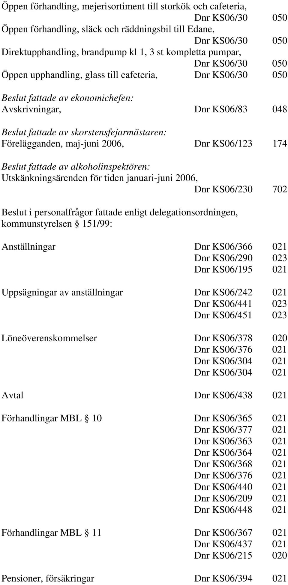 Förelägganden, maj-juni 2006, Dnr KS06/123 174 Beslut fattade av alkoholinspektören: Utskänkningsärenden för tiden januari-juni 2006, Dnr KS06/230 702 Beslut i personalfrågor fattade enligt