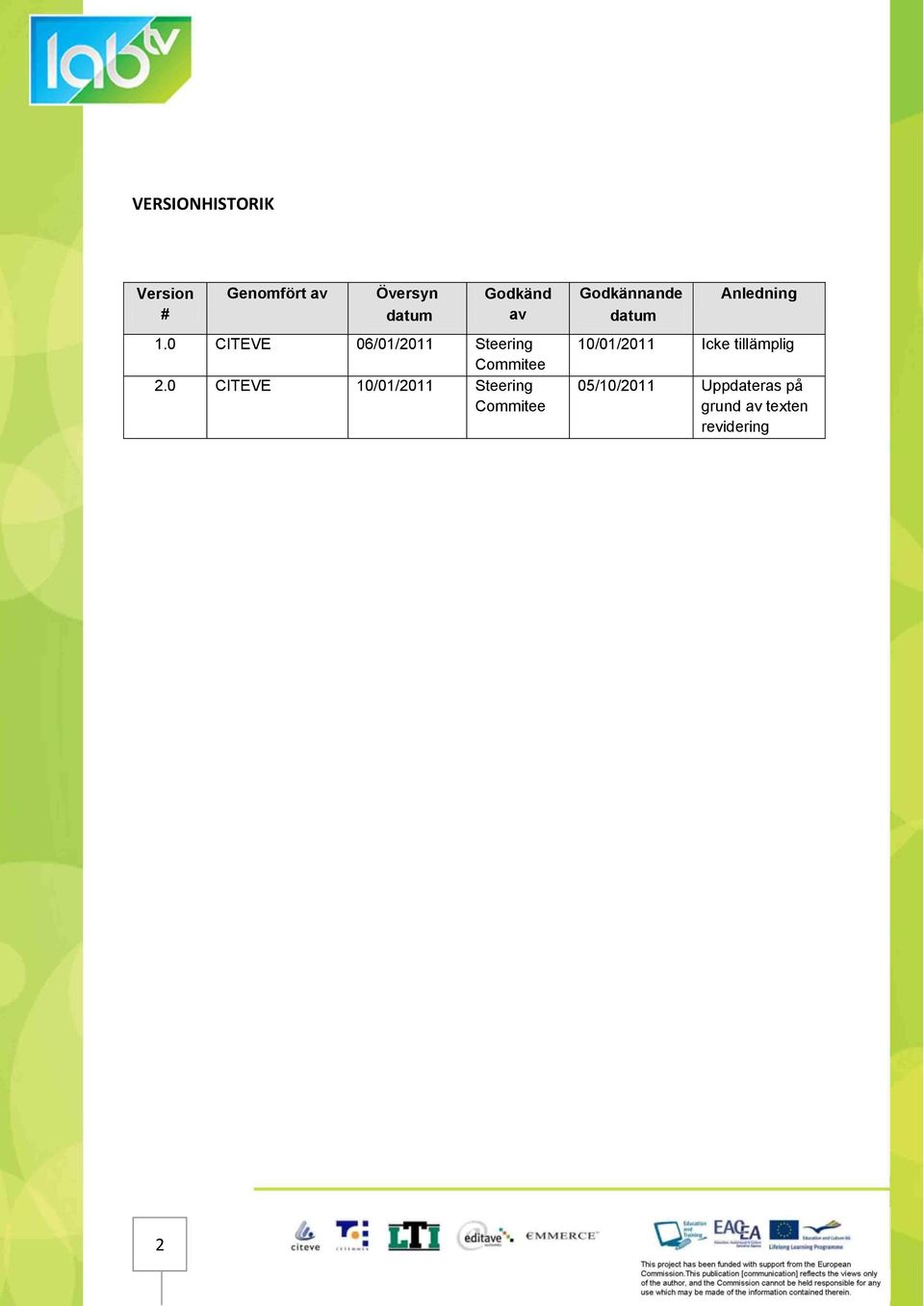0 CITEVE 10/01/2011 Steering Commitee Godkännande datum