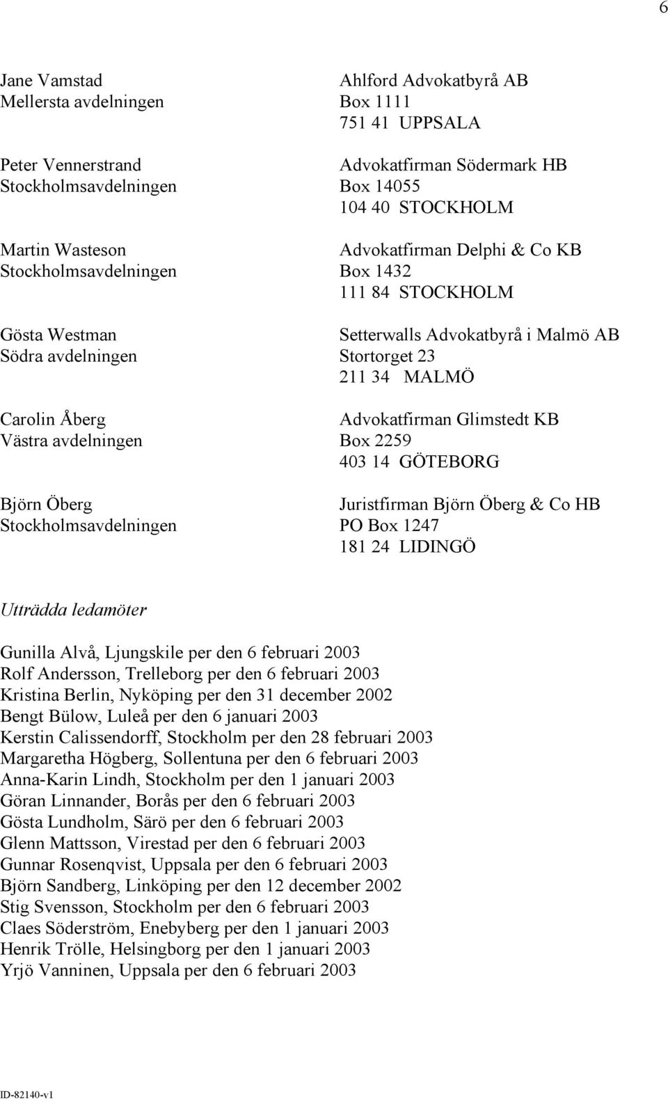 Ljungskile per den 6 februari 2003 Rolf Andersson, Trelleborg per den 6 februari 2003 Kristina Berlin, Nyköping per den 31 december 2002 Bengt Bülow, Luleå per den 6 januari 2003 Kerstin