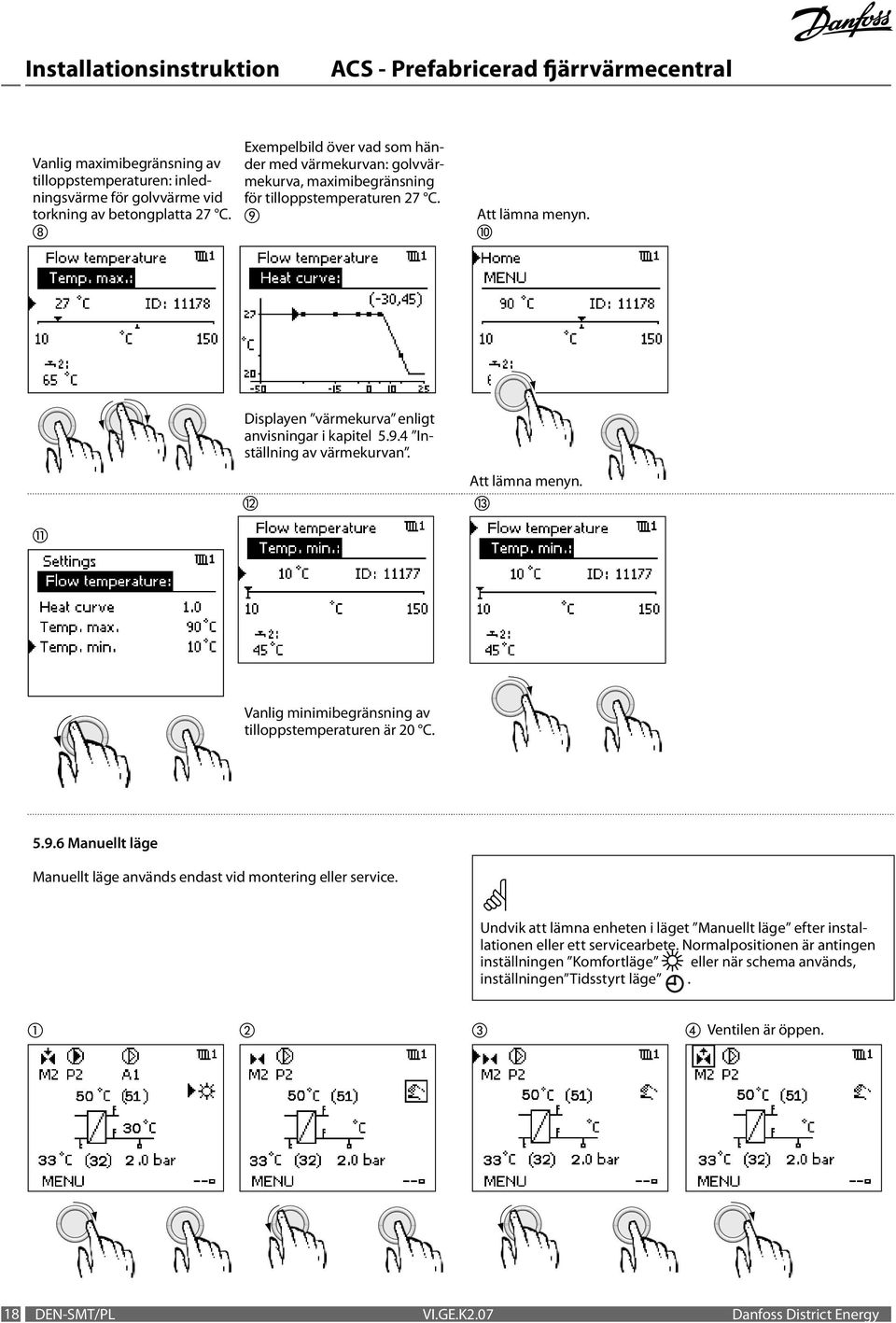 4 Inställning av värmekurvan. Att lämna menyn. Vanlig minimibegränsning av til loppstemperaturen är 20 C. 5.9.6 Manuellt läge Manuellt läge används endast vid montering eller service.