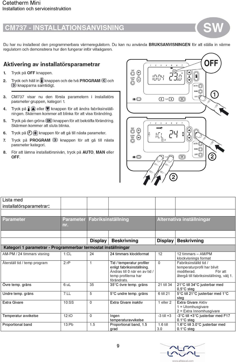 klockformat 12 12 timmars AM/PM klockvisnings format Återställ tid / temp program 2:rP 1 Tid / temperatur profiler enligt fabriksinställning.