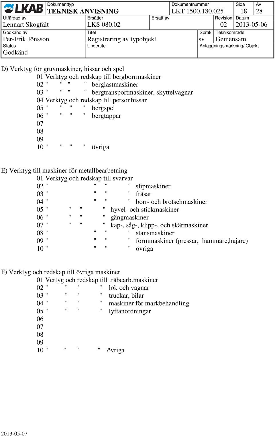 skyttelvagnar 04 Verktyg och redskap till personhissar " " " " bergspel " " " " bergtappar 10 " " " " övriga E) Verktyg till maskiner för metallbearbetning 01 Verktyg och redskap till svarvar 02 " "