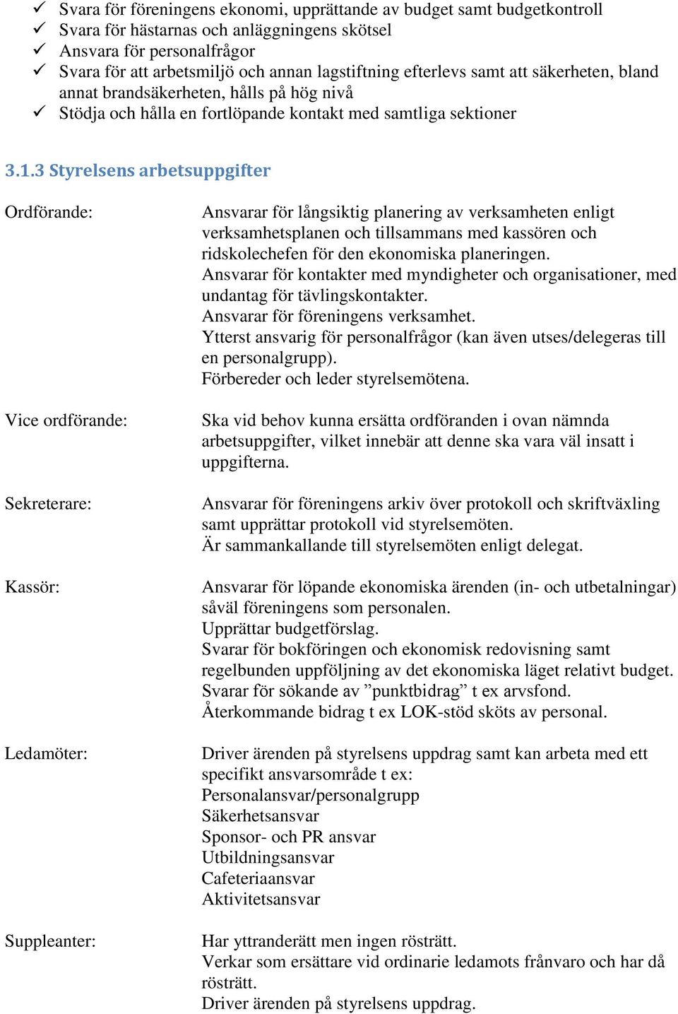 3 Styrelsens arbetsuppgifter Ordförande: Vice ordförande: Sekreterare: Kassör: Ledamöter: Suppleanter: Ansvarar för långsiktig planering av verksamheten enligt verksamhetsplanen och tillsammans med