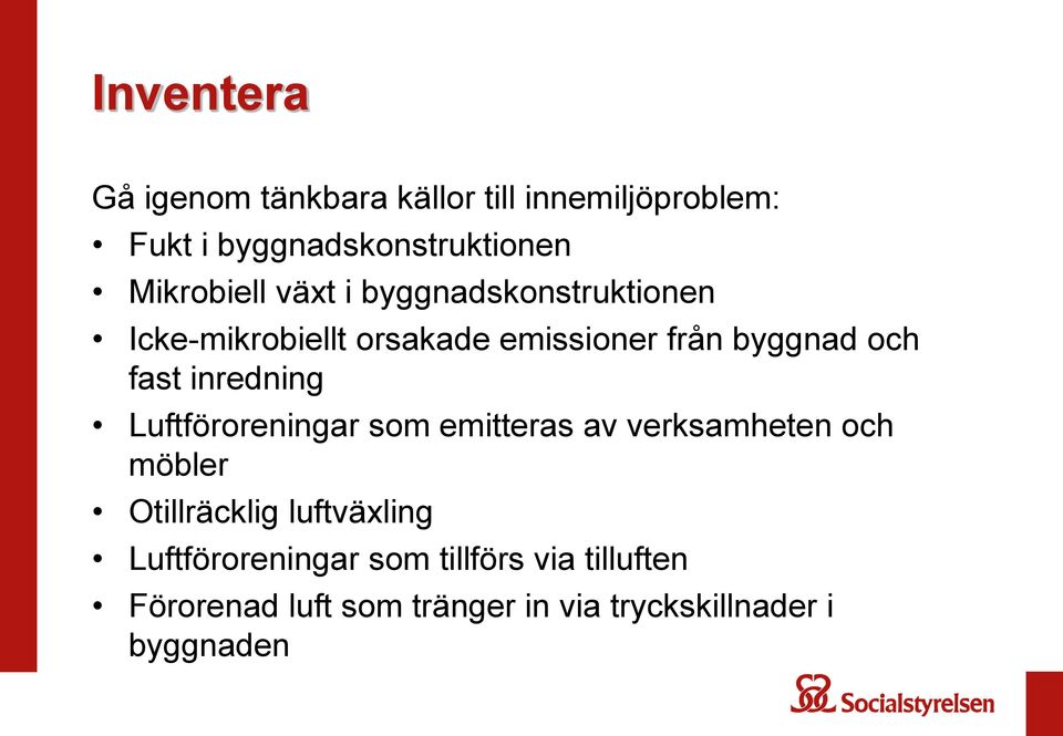 fast inredning Luftföroreningar som emitteras av verksamheten och möbler Otillräcklig