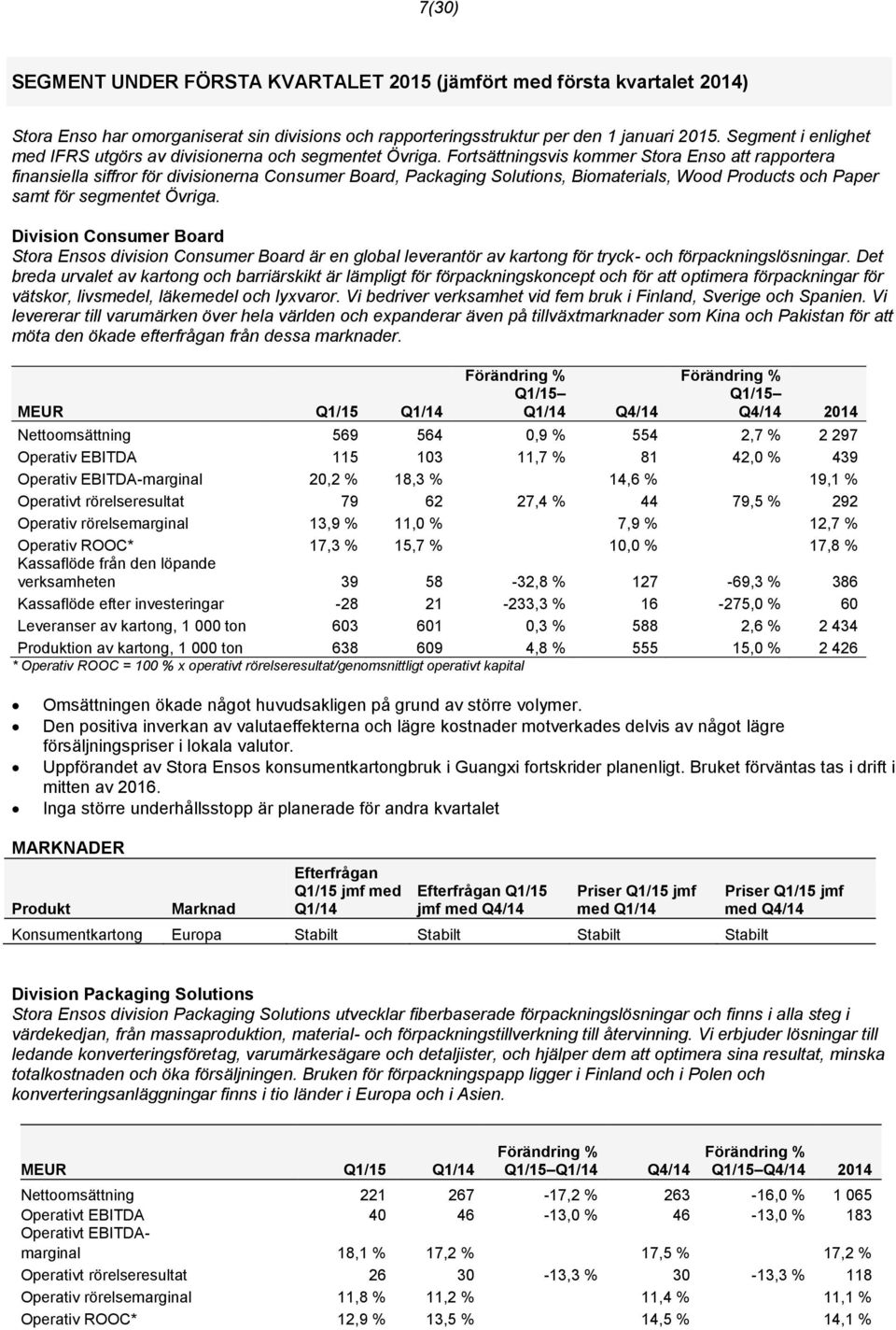 Fortsättningsvis kommer Stora Enso att rapportera finansiella siffror för divisionerna Consumer Board, Packaging Solutions, Biomaterials, Wood Products och Paper samt för segmentet Övriga.