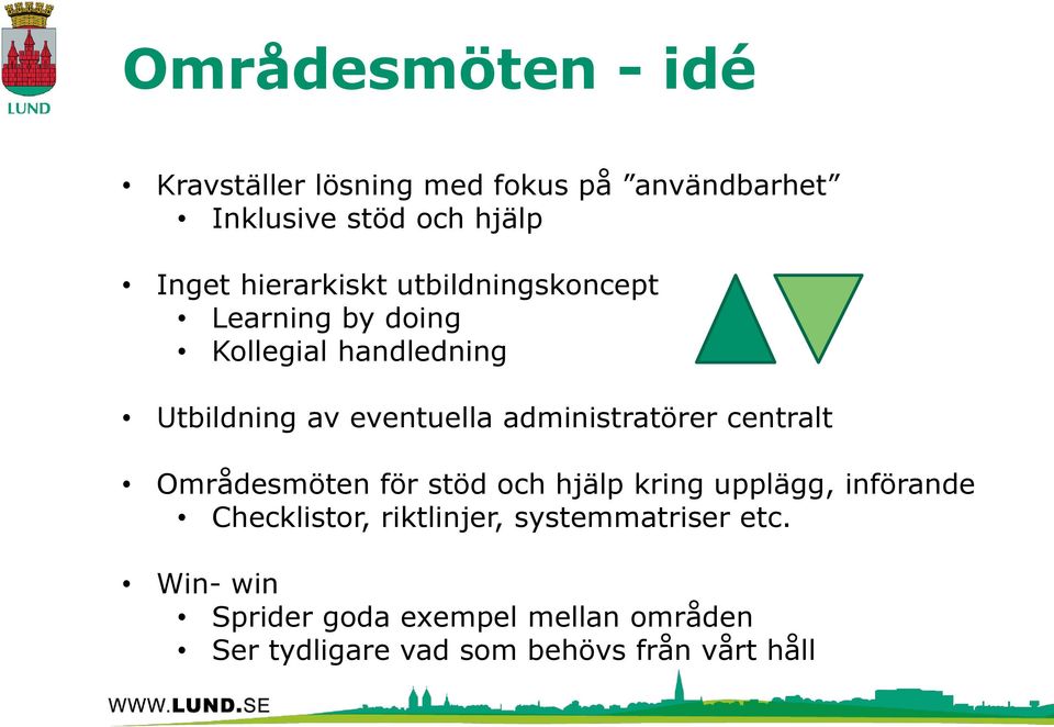 administratörer centralt Områdesmöten för stöd och hjälp kring upplägg, införande Checklistor,