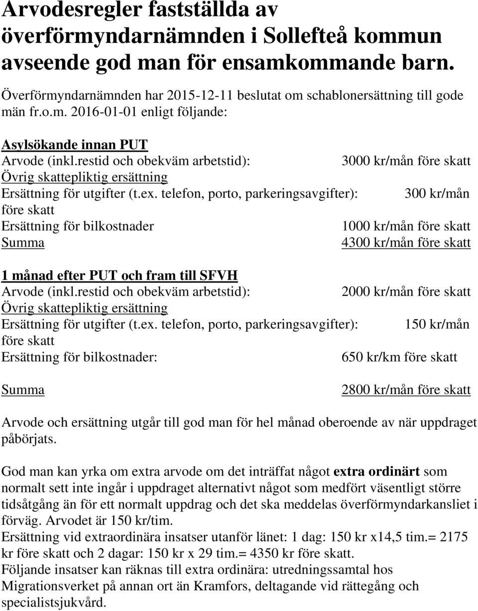 telefon, porto, parkeringsavgifter): 300 kr/mån före skatt Ersättning för bilkostnader 1000 kr/mån före skatt Summa 4300 kr/mån före skatt 1 månad efter PUT och fram till SFVH Arvode (inkl.