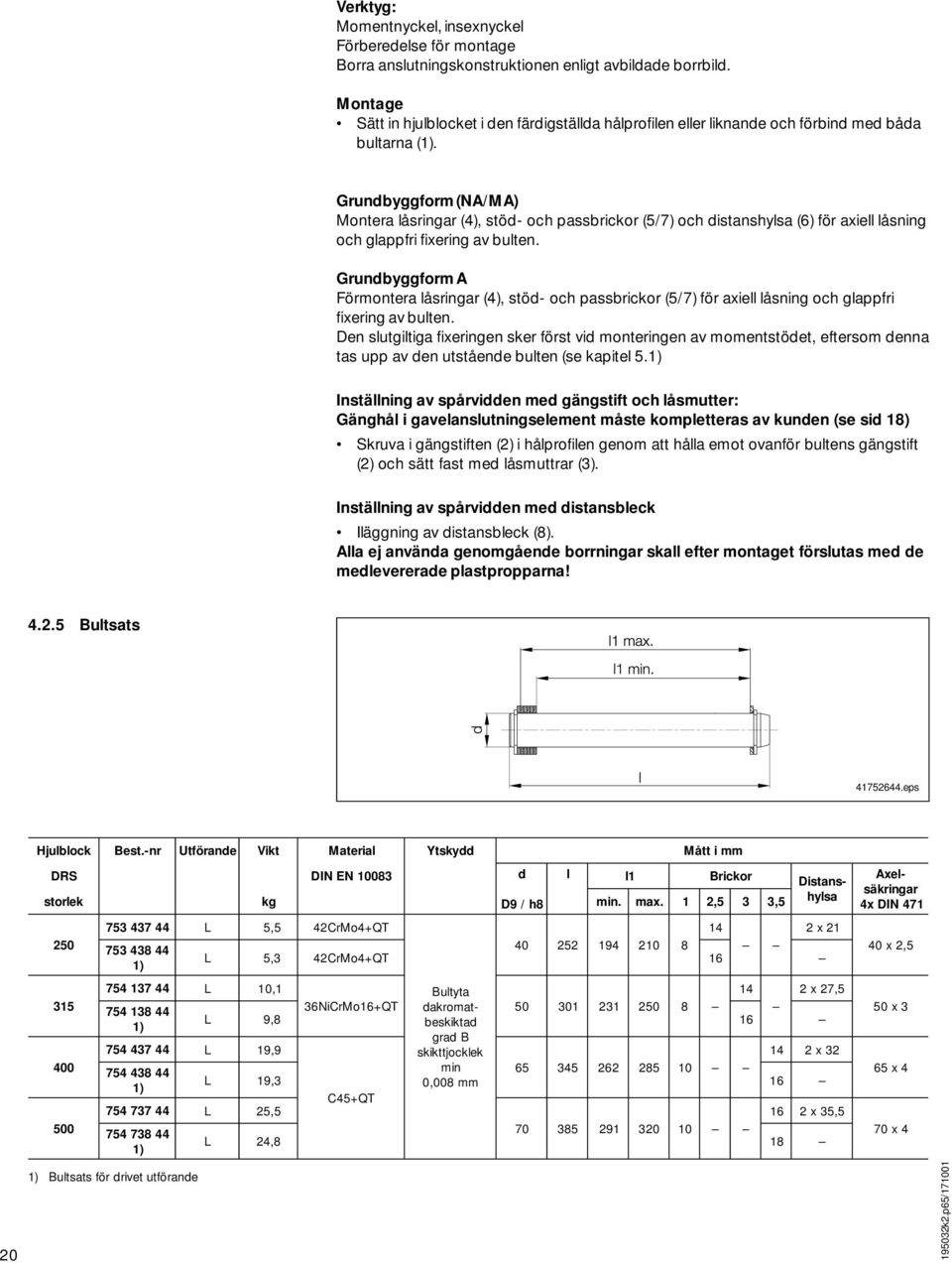Grundbyggform (NA/MA) Montera låsringar (4), stöd- och passbrickor (5/7) och distanshylsa (6) för axiell låsning och glappfri fixering av bulten.
