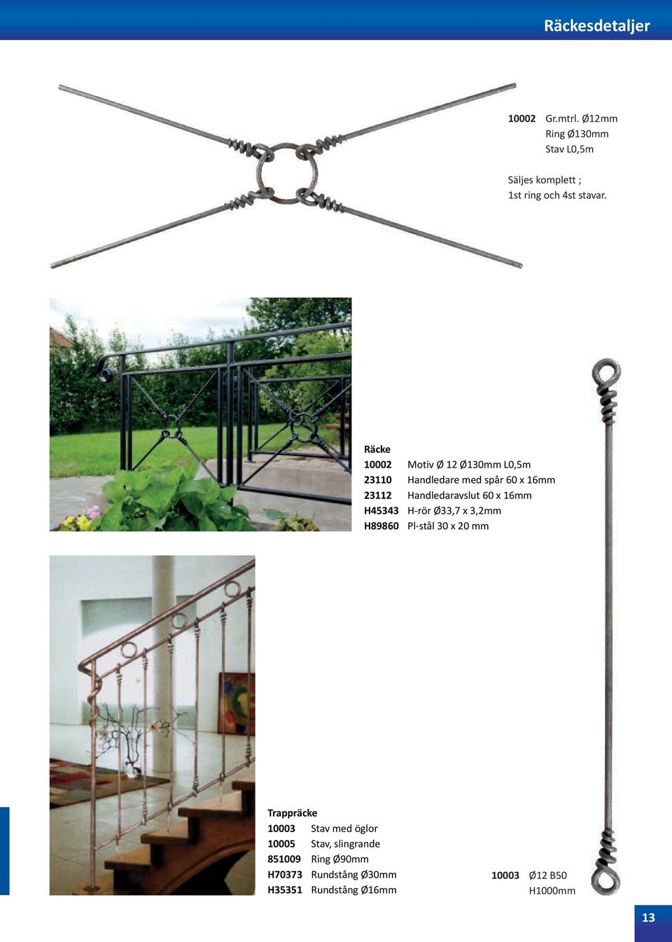 Räcke 10002 Motiv Ø 12 Ø130mm L0,5m 23110 Handledare med spår 60 x 16mm 23112 Handledaravslut 60 x