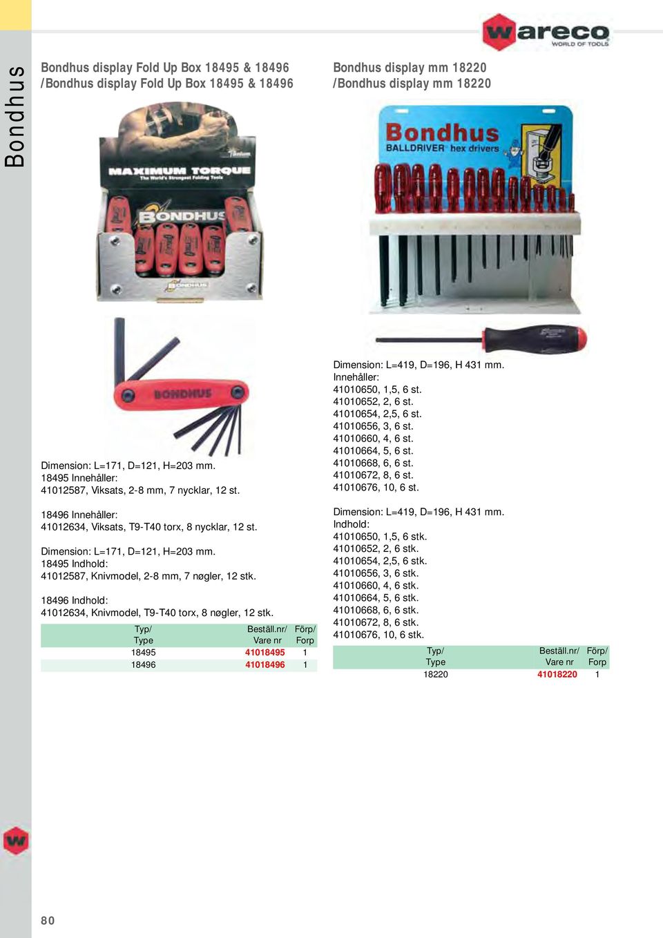 18496 41012634, Knivmodel, T9-T40 torx, 8 nøgler, 12 stk. 18495 41018495 1 18496 41018496 1 Dimension: L=419, D=196, H 431 mm. 41010650, 1,5, 6 st. 41010652, 2, 6 st. 41010654, 2,5, 6 st.