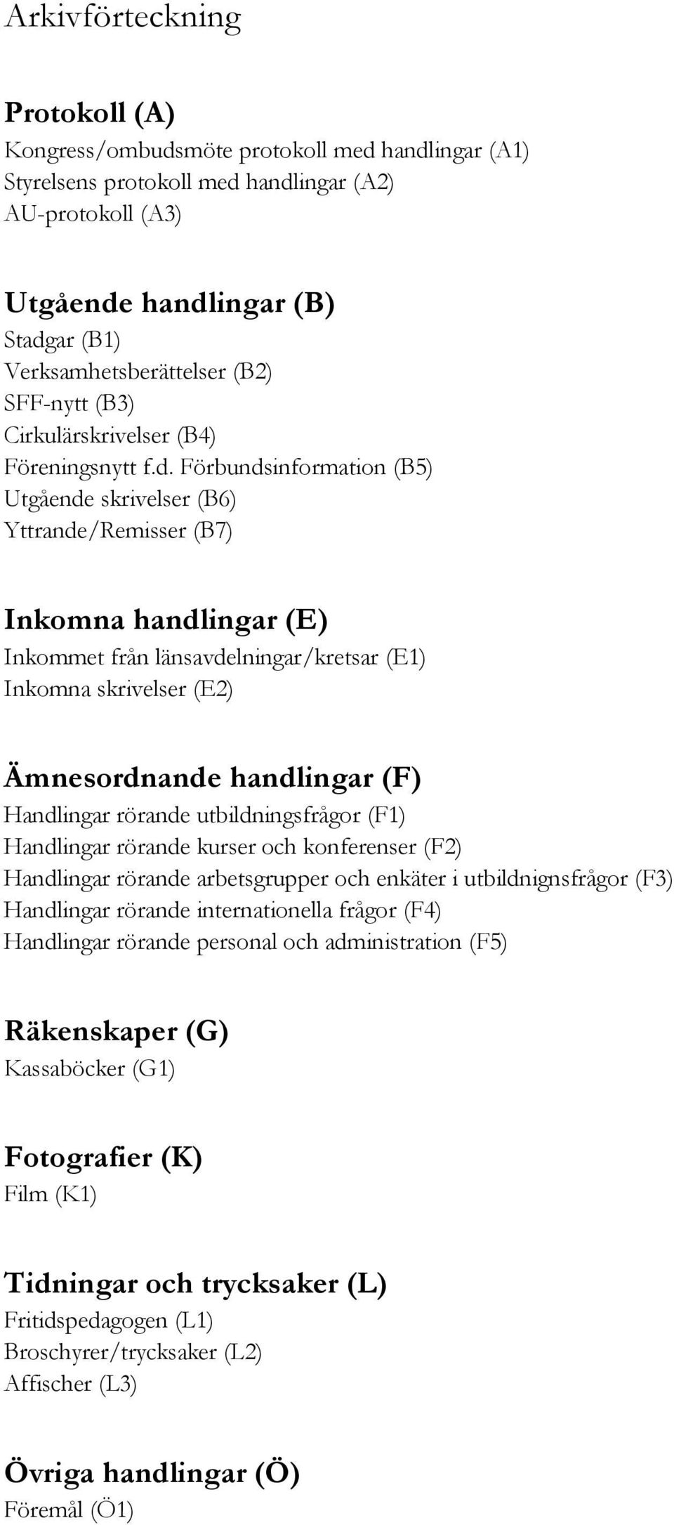 Förbundsinformation (B5) Utgående skrivelser (B6) Yttrande/Remisser (B7) Inkomna handlingar (E) Inkommet från länsavdelningar/kretsar (E1) Inkomna skrivelser (E2) Ämnesordnande handlingar (F)