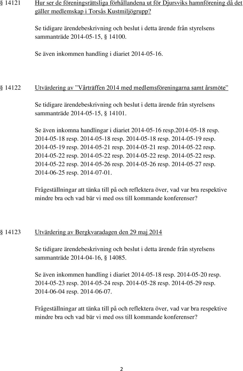 Se även inkomna handlingar i diariet 2014-05-16 resp.2014-05-18 resp. 2014-05-18 resp. 2014-05-18 resp. 2014-05-18 resp. 2014-05-19 resp. 2014-05-19 resp. 2014-05-21 resp. 2014-05-21 resp. 2014-05-22 resp.