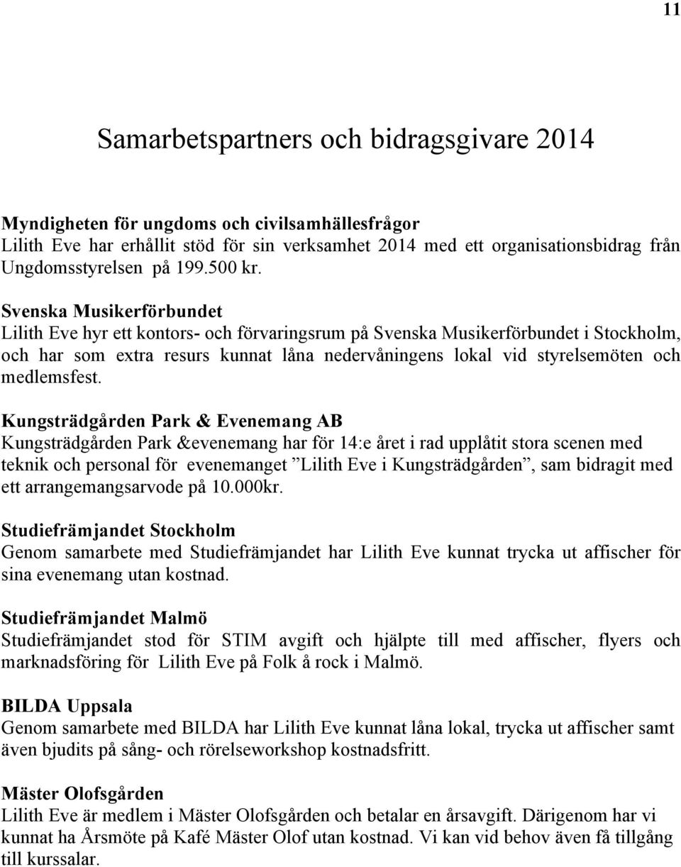 Svenska Musikerförbundet Lilith Eve hyr ett kontors- och förvaringsrum på Svenska Musikerförbundet i Stockholm, och har som extra resurs kunnat låna nedervåningens lokal vid styrelsemöten och