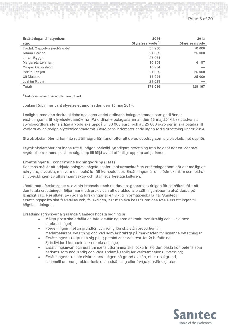 Joakim Rubin har varit styrelseledamot sedan den 13 maj 2014. I enlighet med den finska aktiebolagslagen är det ordinarie bolagsstämman som godkänner ersättningarna till styrelseledamöterna.