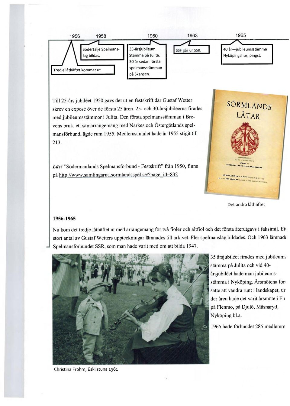 25- och 30-årsjubiléerna firades med jubileumsstämmor i Julita. Den första spelmansstämman i Brevens bruk, ett samarrangemang med Närkes och Östergötlands spelmansförbund, ägde rum 1955.