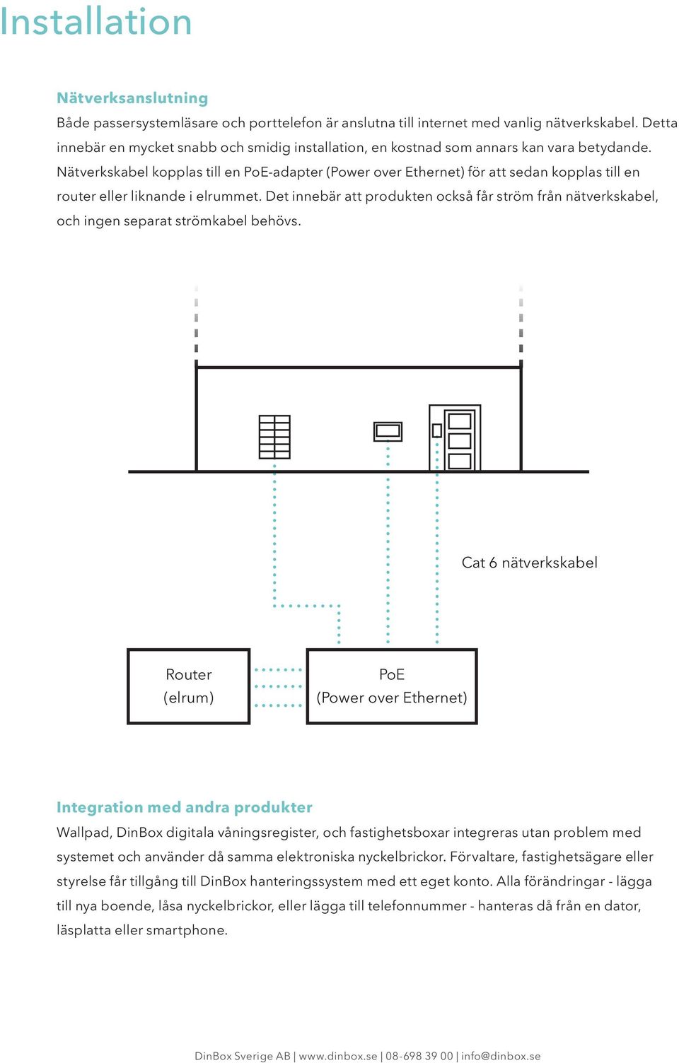 Nätverkskabel kopplas till en PoE-adapter (Power over Ethernet) för att sedan kopplas till en router eller liknande i elrummet.