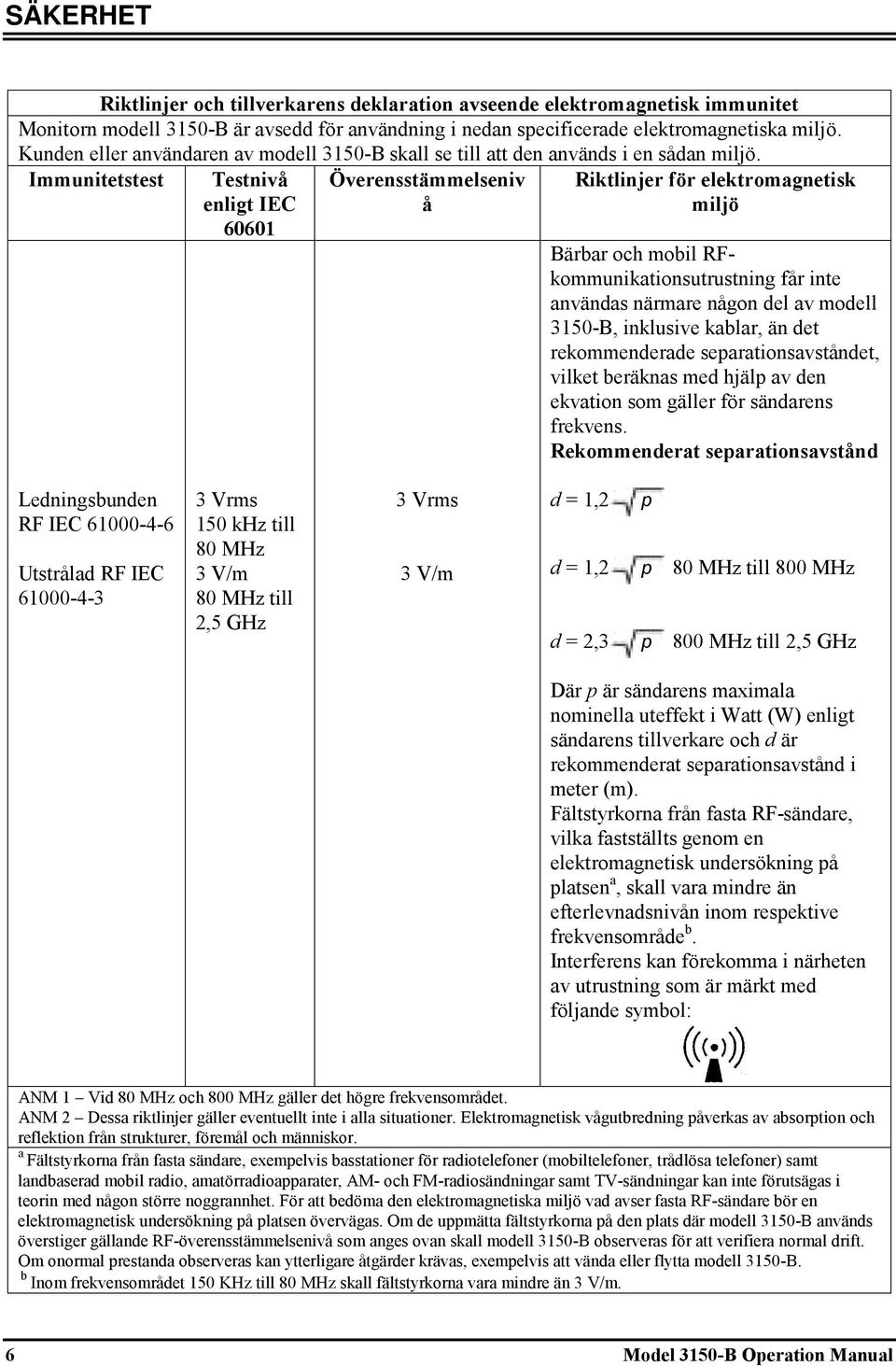 Immunitetstest Testnivå enligt IEC 60601 Överensstämmelseniv å Riktlinjer för elektromagnetisk miljö Bärbar och mobil RFkommunikationsutrustning får inte användas närmare någon del av modell 3150-B,