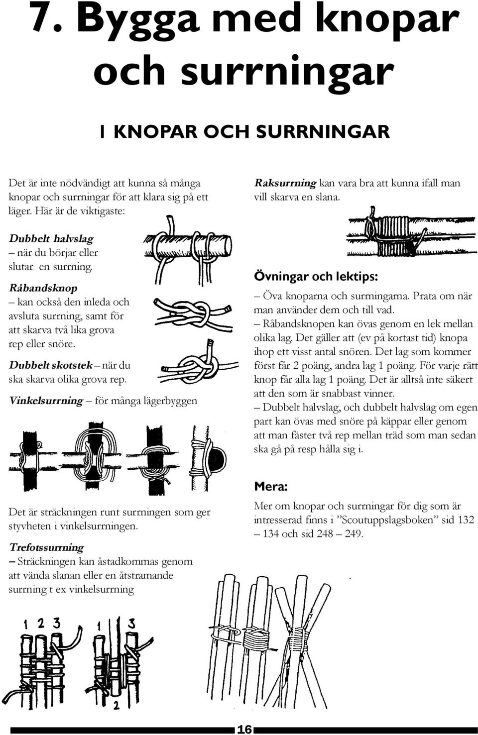 Dubbelt skotstek när du ska skarva olika grova rep. Vinkelsurrning för många lägerbyggen Raksurrning kan vara bra att kunna ifall man vill skarva en slana.