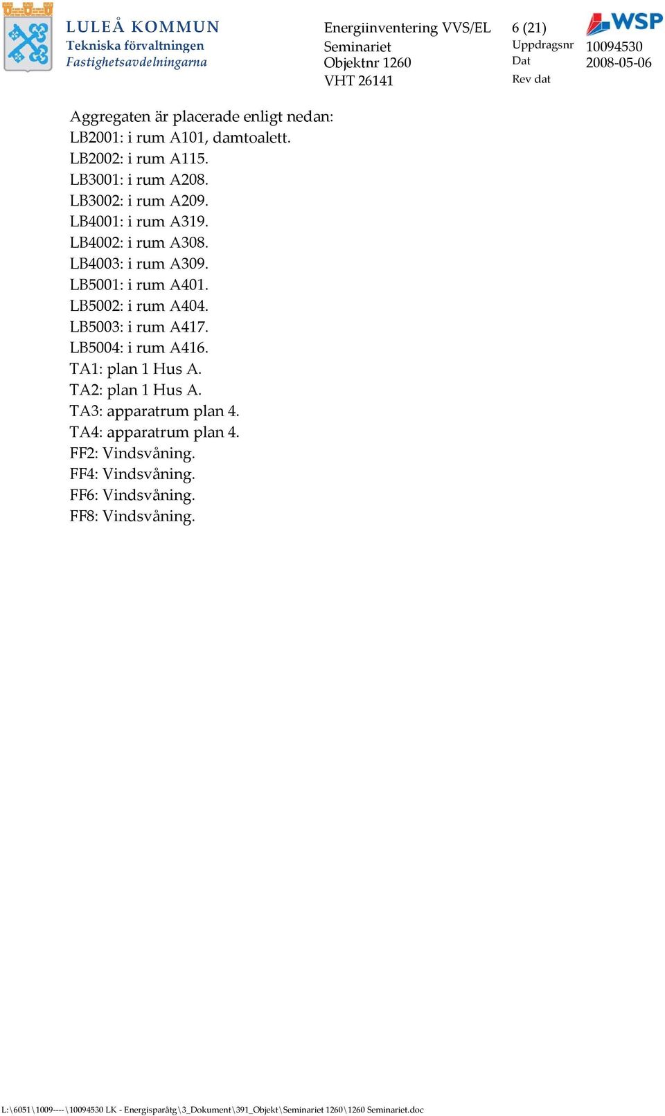 LB5002: i rum A404. LB5003: i rum A417. LB5004: i rum A416. TA1: plan 1 Hus A. TA2: plan 1 Hus A. TA3: apparatrum plan 4. TA4: apparatrum plan 4.