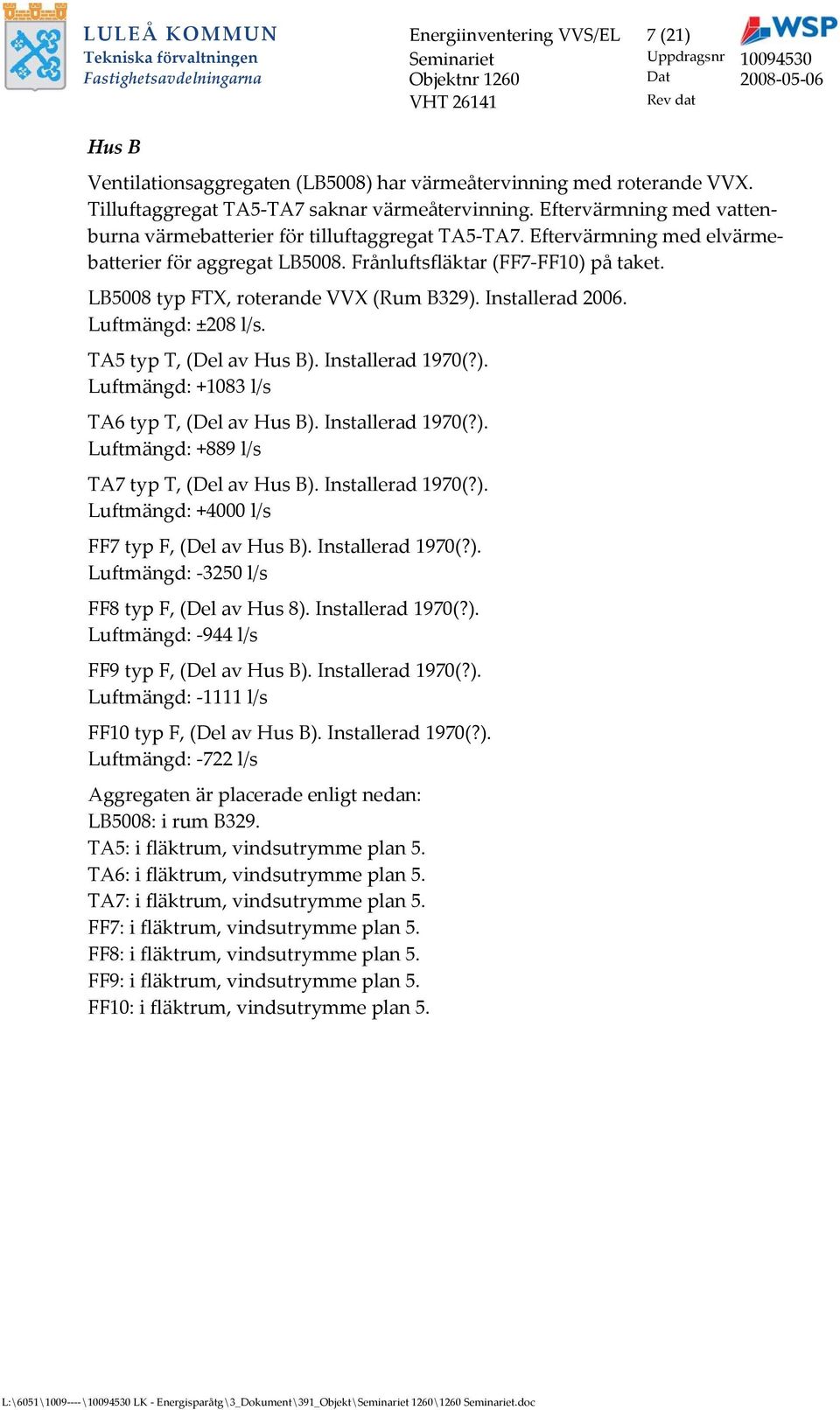 Frånluftsfläktar (FF7FF10) på taket. LB5008 typ FTX, roterande VVX (Rum B329). Installerad 2006. Luftmängd: ±208 l/s. TA5 typ T, (Del av Hus B). Installerad 1970(?). Luftmängd: +1083 l/s TA6 typ T, (Del av Hus B).