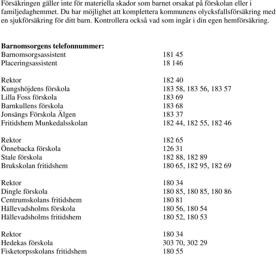 Barnomsorgens telefonnummer: Barnomsorgsassistent 181 45 Placeringsassistent 18 146 Rektor 182 40 Kungshöjdens förskola 183 58, 183 56, 183 57 Lilla Foss förskola 183 69 Barnkullens förskola 183 68