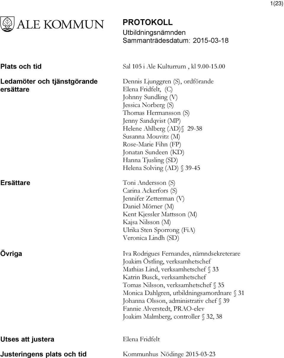 Helene Ahlberg (AD) 29-38 Susanna Mouvitz (M) Rose-Marie Fihn (FP) Jonatan Sundeen (KD) Hanna Tjusling (SD) Helena Solving (AD) 39-45 Toni Andersson (S) Carina Ackerfors (S) Jennifer Zetterman (V)