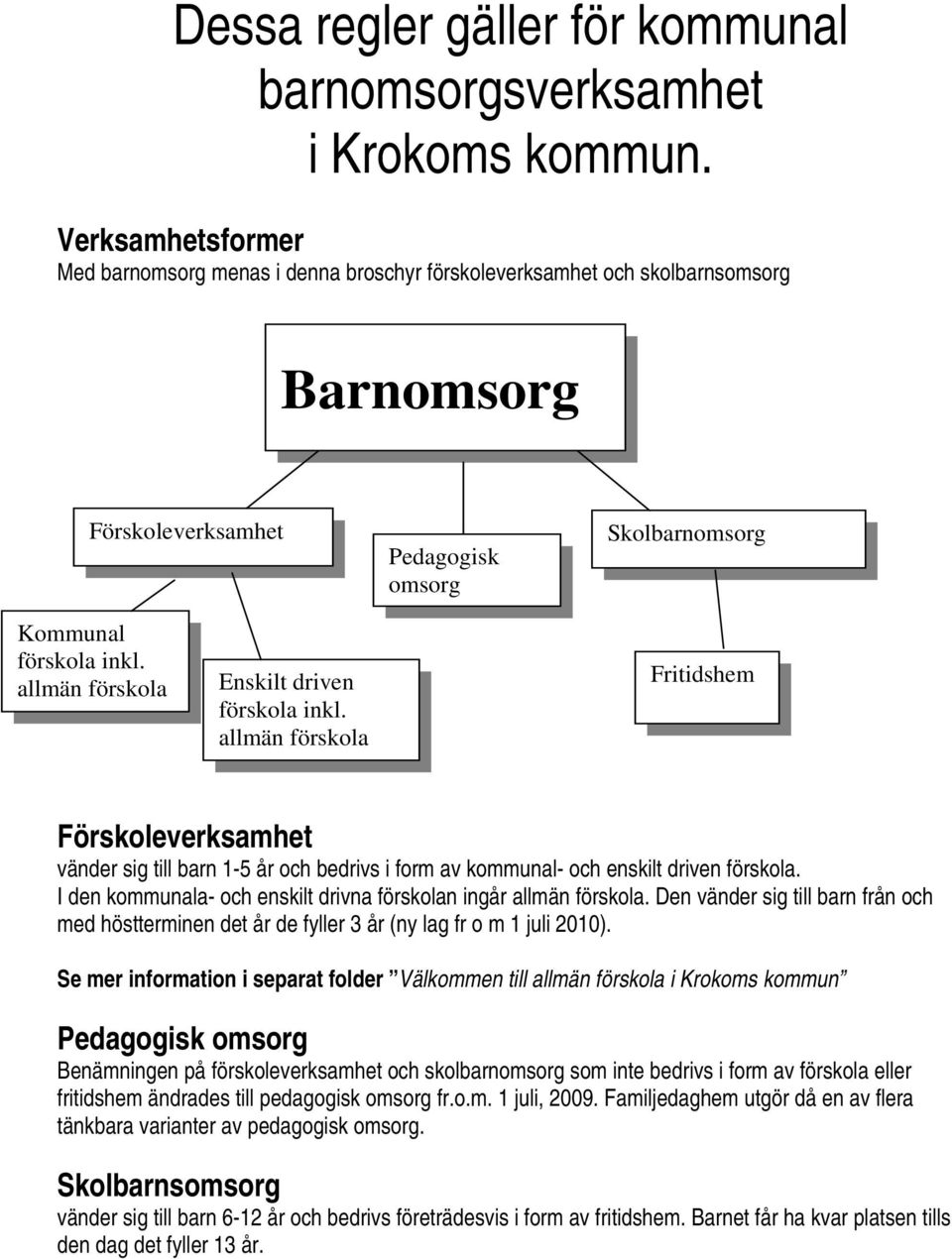 allmän förskola Enskilt driven förskola inkl. allmän förskola Fritidshem Förskoleverksamhet vänder sig till barn 1-5 år och bedrivs i form av kommunal- och enskilt driven förskola.