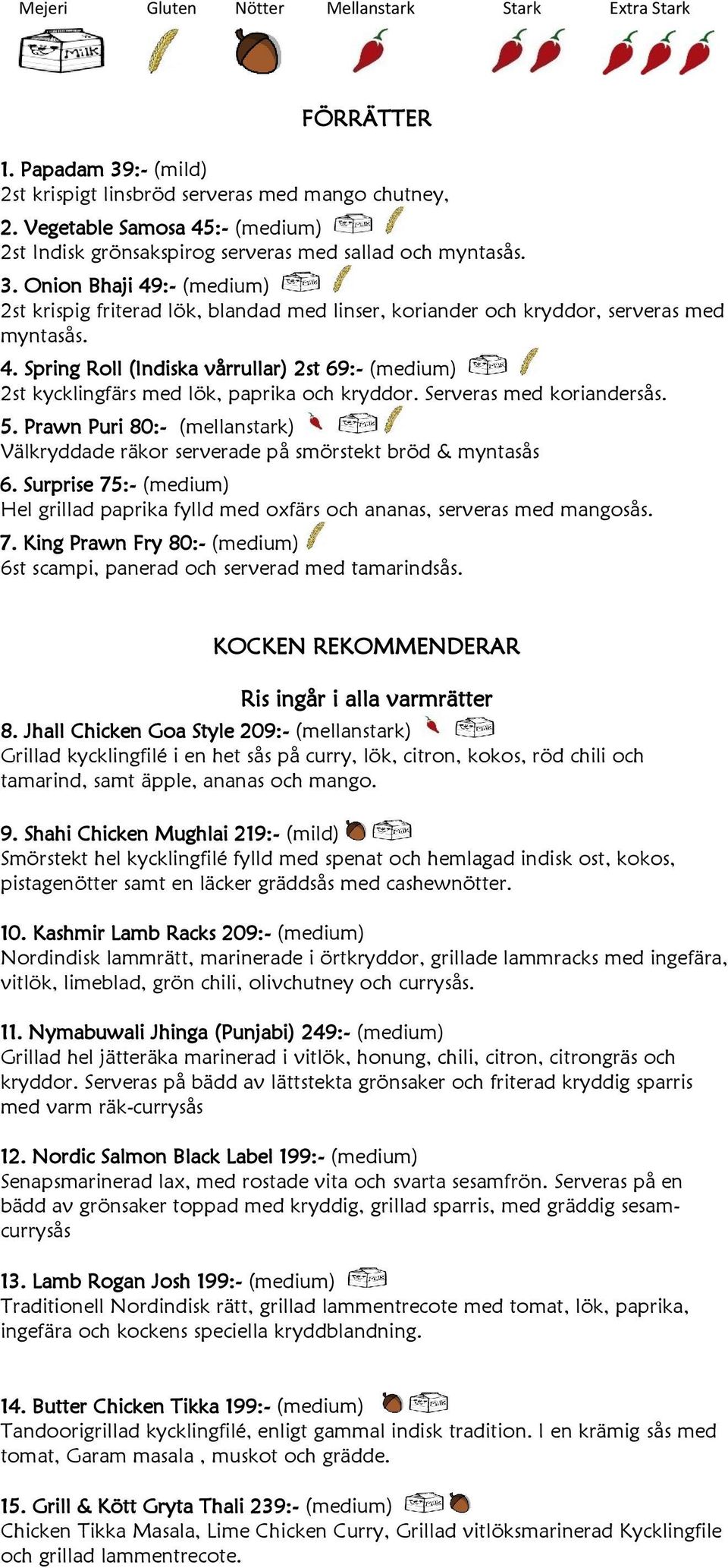 Onion Bhaji 49:- (medium) 2st krispig friterad lök, blandad med linser, koriander och kryddor, serveras med myntasås. 4. Spring Roll (Indiska vårrullar) 2st 69:- (medium) 2st kycklingfärs med lök, paprika och kryddor.