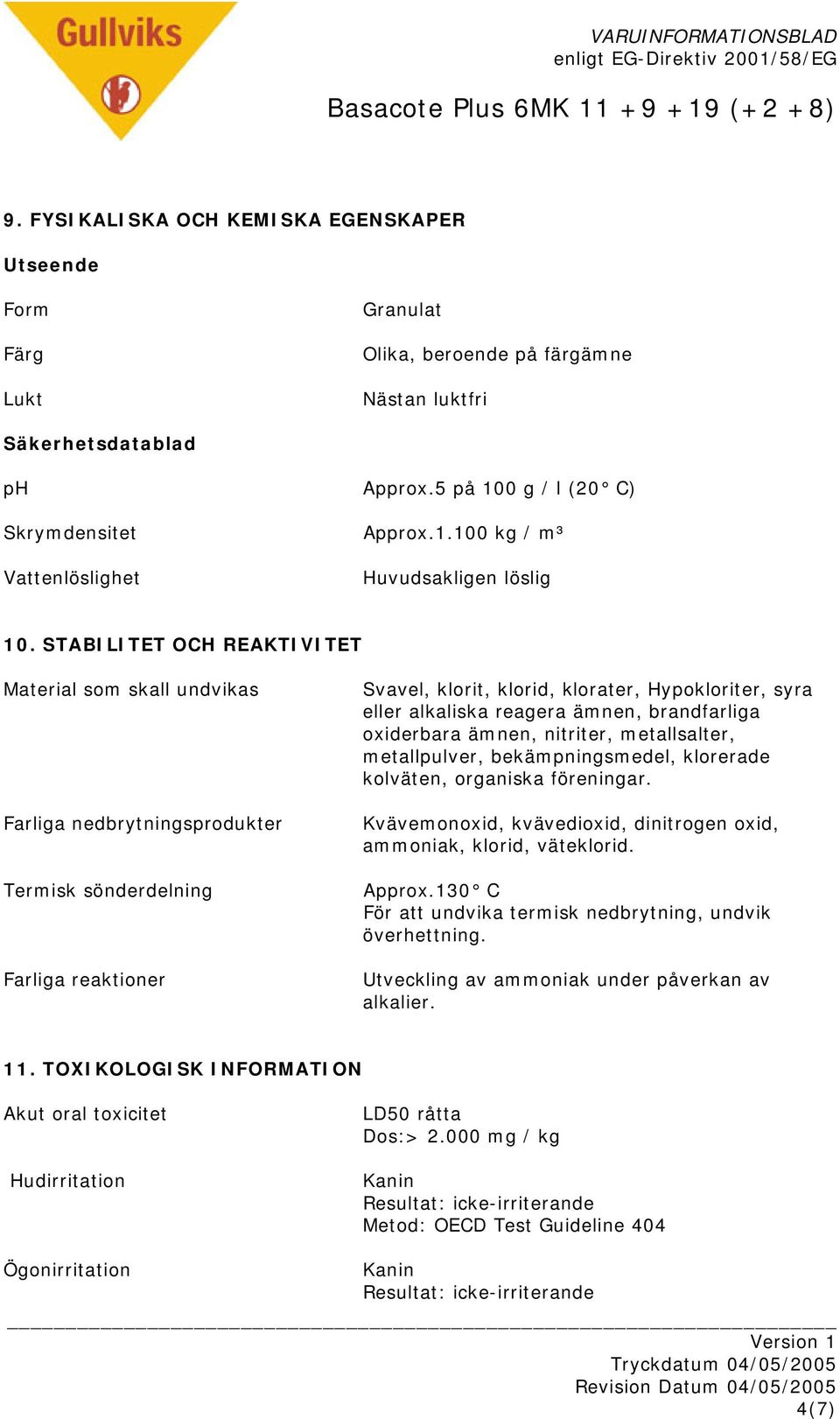 STABILITET OCH REAKTIVITET Material som skall undvikas Farliga nedbrytningsprodukter Termisk sönderdelning Farliga reaktioner Svavel, klorit, klorid, klorater, Hypokloriter, syra eller alkaliska