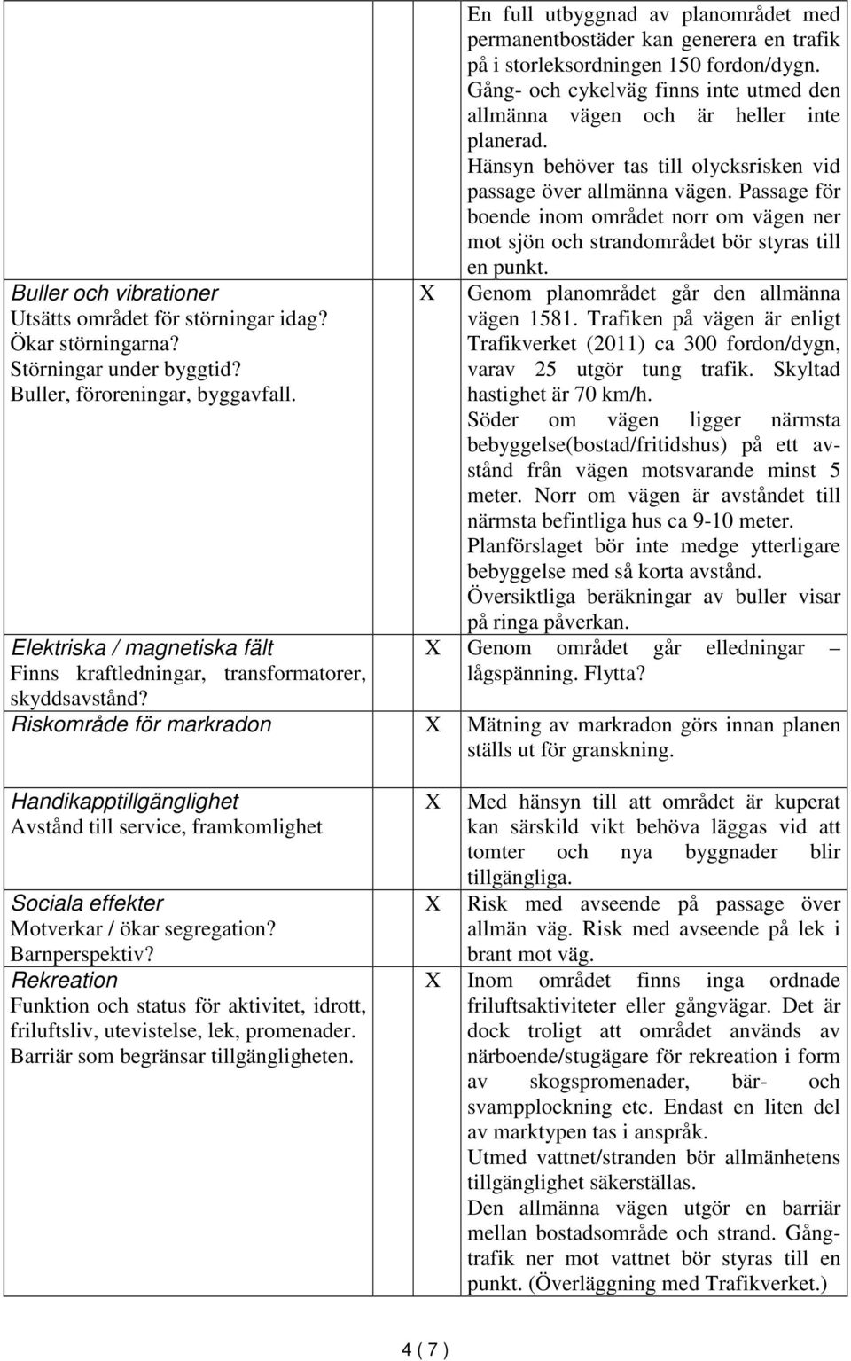 Gång- och cykelväg finns inte utmed den allmänna vägen och är heller inte planerad. Hänsyn behöver tas till olycksrisken vid passage över allmänna vägen.