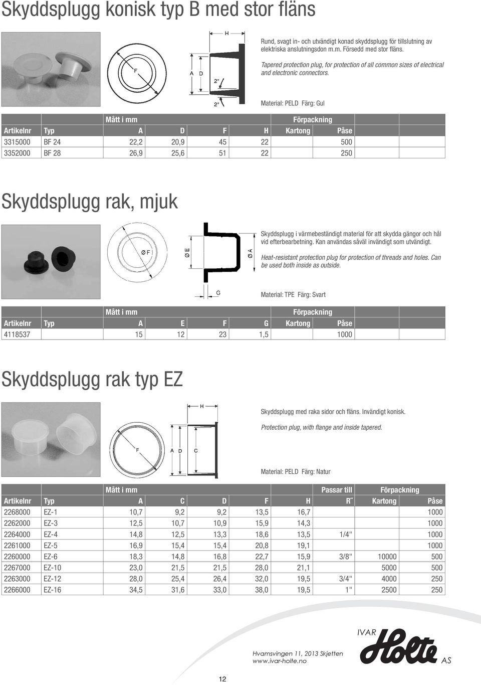 Material: PELD Färg: Gul Artikelnr Typ A D F H Kartong Påse 3315000 BF 24 22,2 20,9 45 22 500 3352000 BF 28 26,9 25,6 51 22 250 Skyddsplugg rak, mjuk Skyddsplugg i värmebeständigt material för att