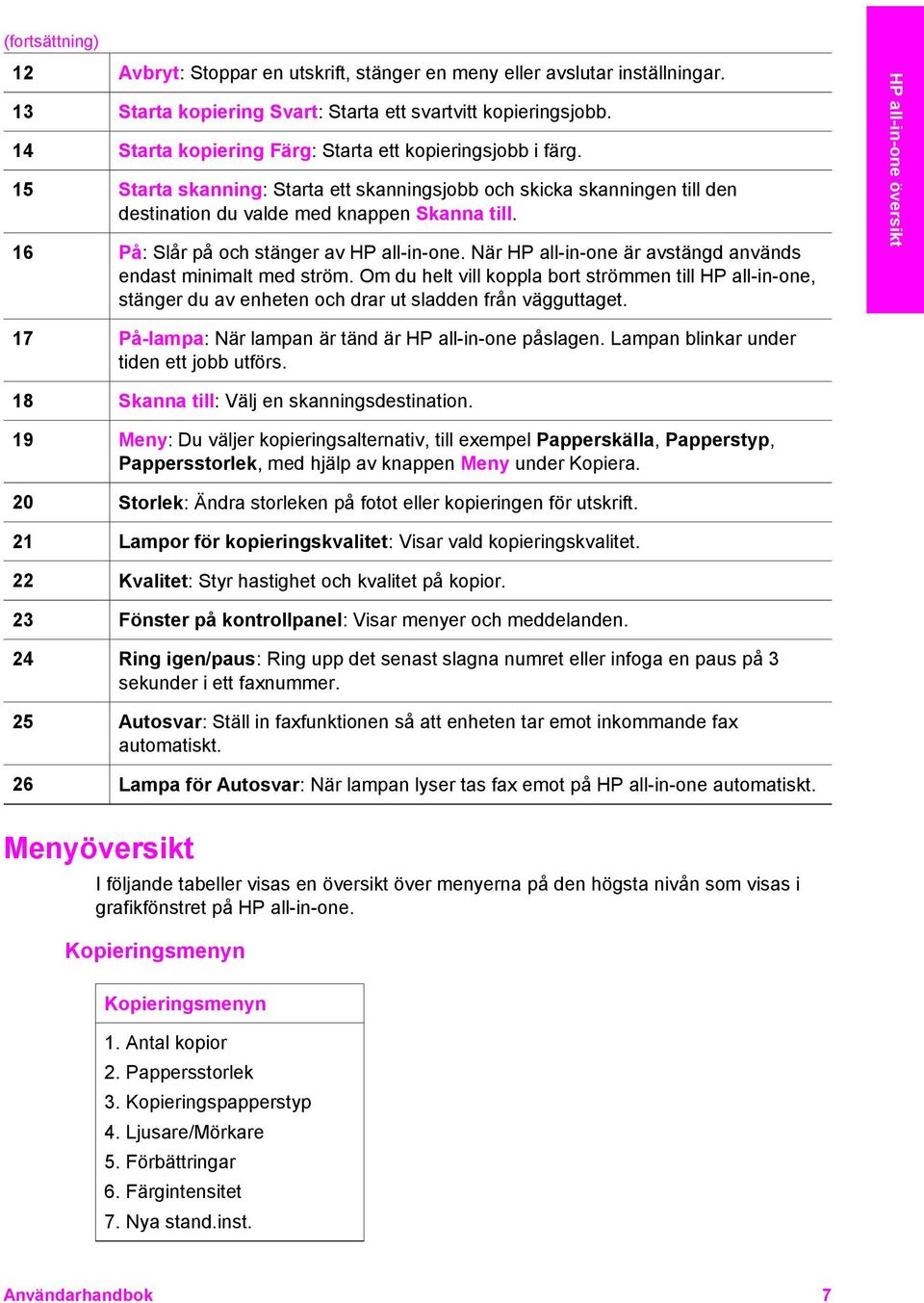 16 På: Slår på och stänger av HP all-in-one. När HP all-in-one är avstängd används endast minimalt med ström.