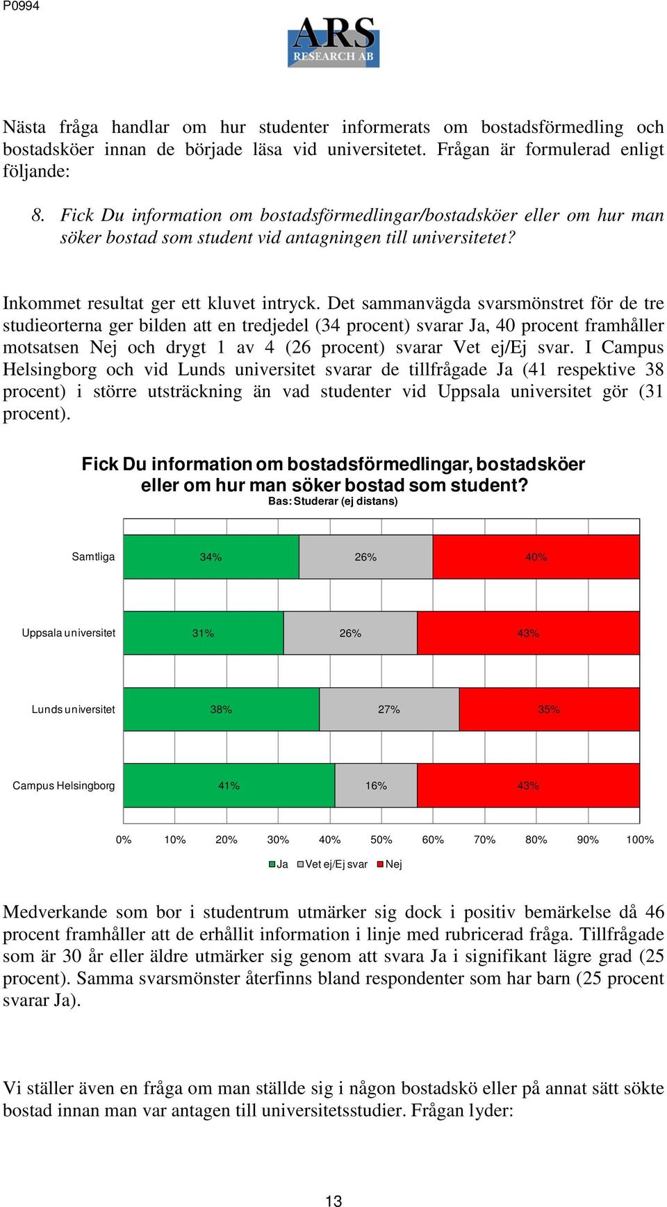 Det sammanvägda svarsmönstret för de tre studieorterna ger bilden att en tredjedel (34 procent) svarar Ja, 40 procent framhåller motsatsen Nej och drygt 1 av 4 (26 procent) svarar Vet ej/ej svar.